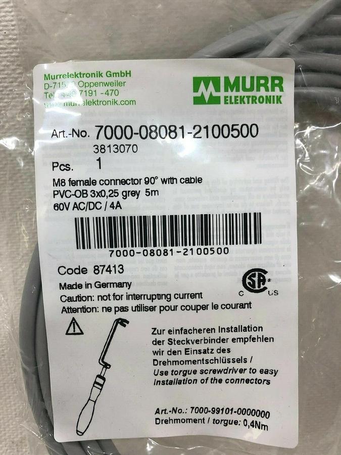 Murr Elektronik 7000-08081-2100500 M8 female connector w 5 m cable (LOT of 2)