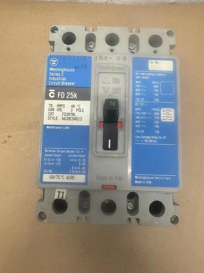 Used Westinghouse FD3070L Circuit Breaker, 70 A, 600 VAC, 3 Pole