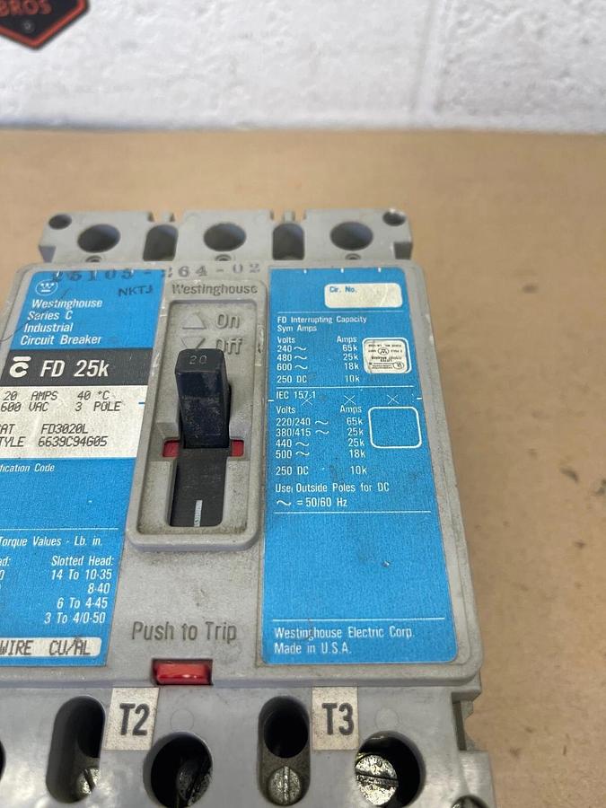 Used Westinghouse FD3020L Industrial Circuit Breaker, Series C, 20A, 600 VAC, 3 Pole