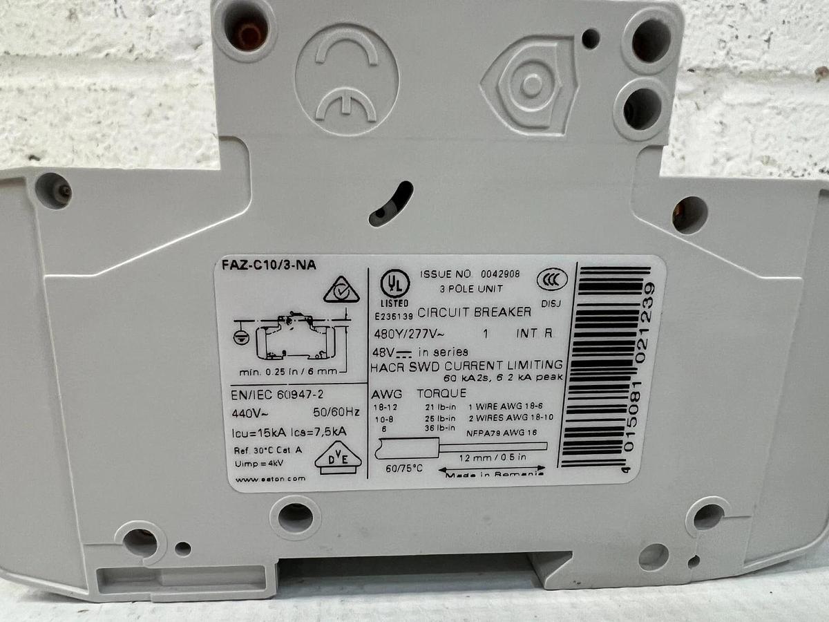 Used Eaton FAZ-C10/3-NA Miniature Circuit Breaker, 10 Amp, 3 Pole