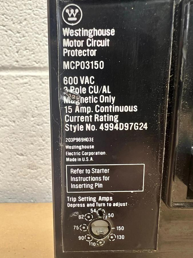 Used Westinghouse MCP03150 600VAC, 15A Motor Circuit Protector