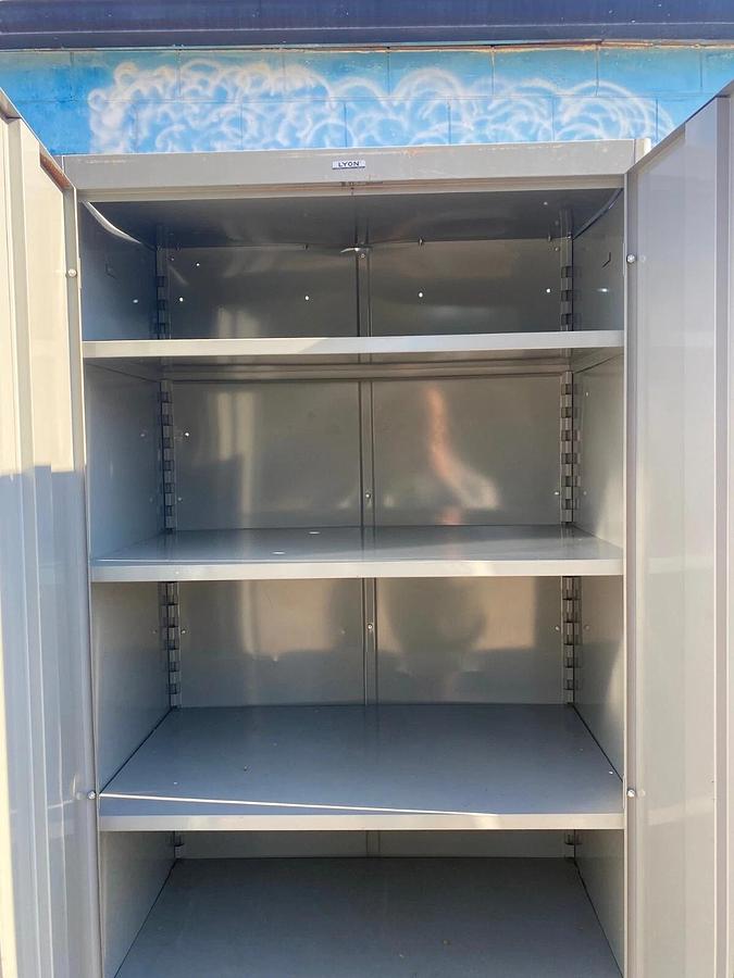 Used LYON Metal Office Cabinet, W: 36”, D: 21”, H: 78”, 2 Door, 4 Adjustable Shelves
