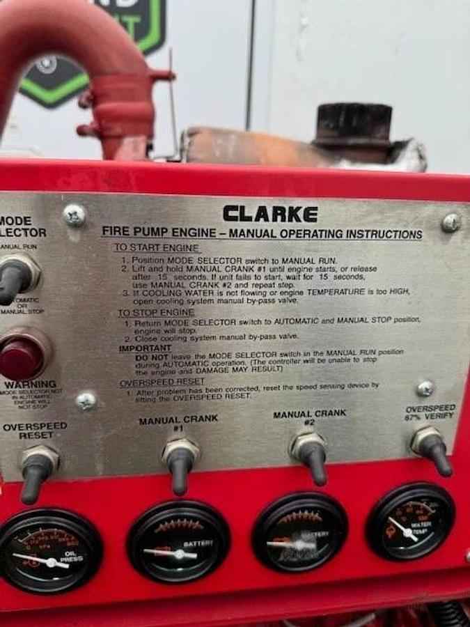 Used Clarke’s JW6HUF60 Stationary Fire Pump Engine Driver w/ Firetrol Controller