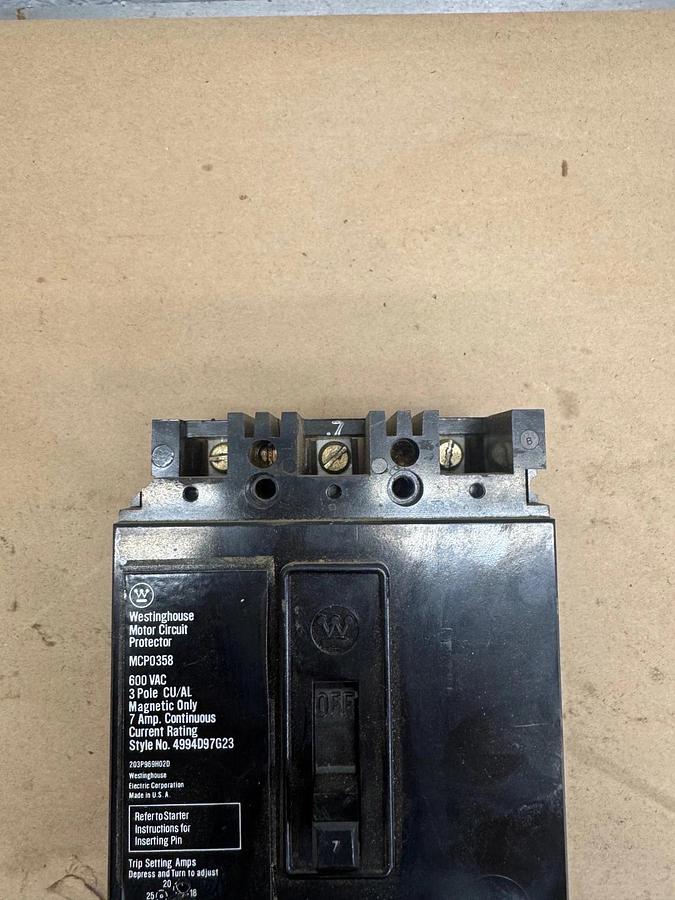 Used Westinghouse Motor Circuit Protector MCP0358, 7A, 3 Pole, 600 VAC