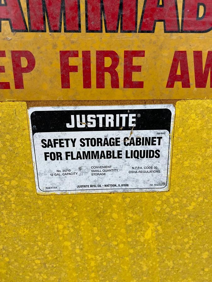 Used Justrite 25710 12 Gallon Capacity Safety Storage Cabinet (for flammable liquids)