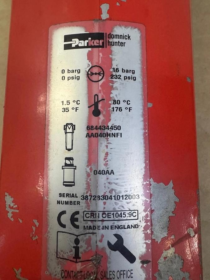 Used Parker/Domnick-Hunter CRN-0E1045.9C Pneumatic Filter Housing 16 Bar 232 PSIG