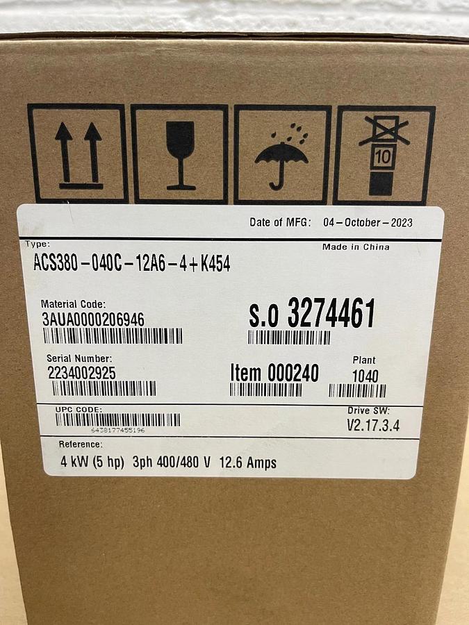 Used ABB ACS380-040C-12A6-4+K454 AC Drive, Drive SW: V2.17.3.4 *FACTORY SEALED*