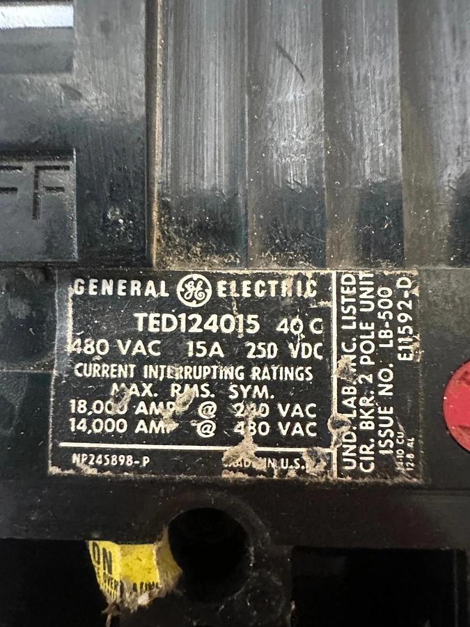 Used General Electric TED124015 15A 2 Pole Circuit Breaker