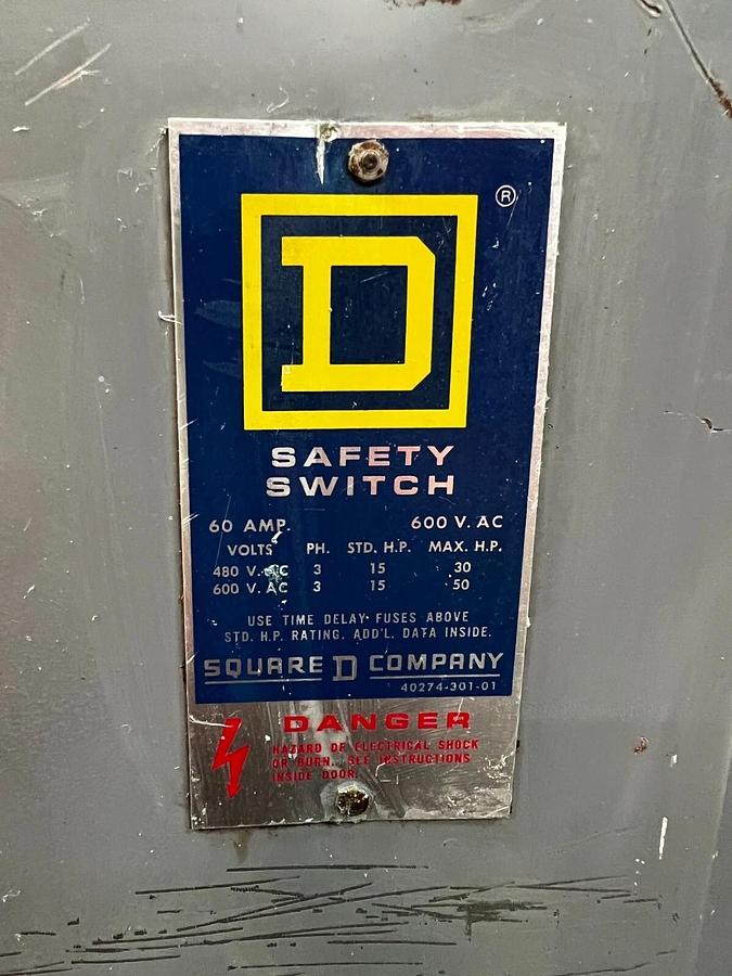 Used Square D H362 Series D2 Safety Switch 60 Amp 480-600 VAC 3PH 15 HP Max HP 30-50