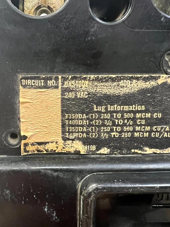 Used Westinghouse DA3400Y 240VAC, 400A Circuit Breaker