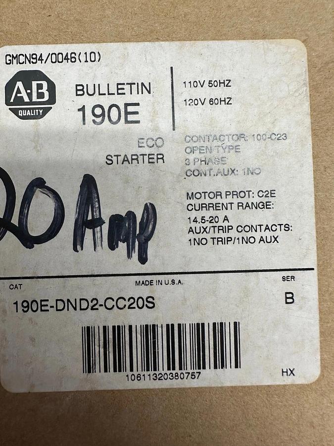 Used Allen Bradley 190E-DND2-CC20S Ser B Economy Starter with Contactor *NEW*