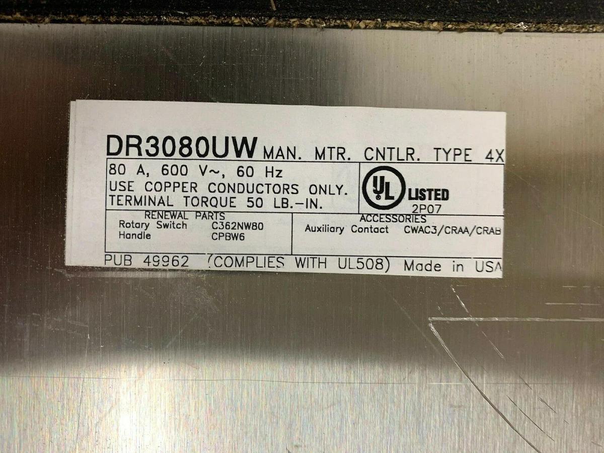 Used Eaton Cutler Hammer DR3080UW Rotary Disconnect Switch 600 Volts 60 Hz
