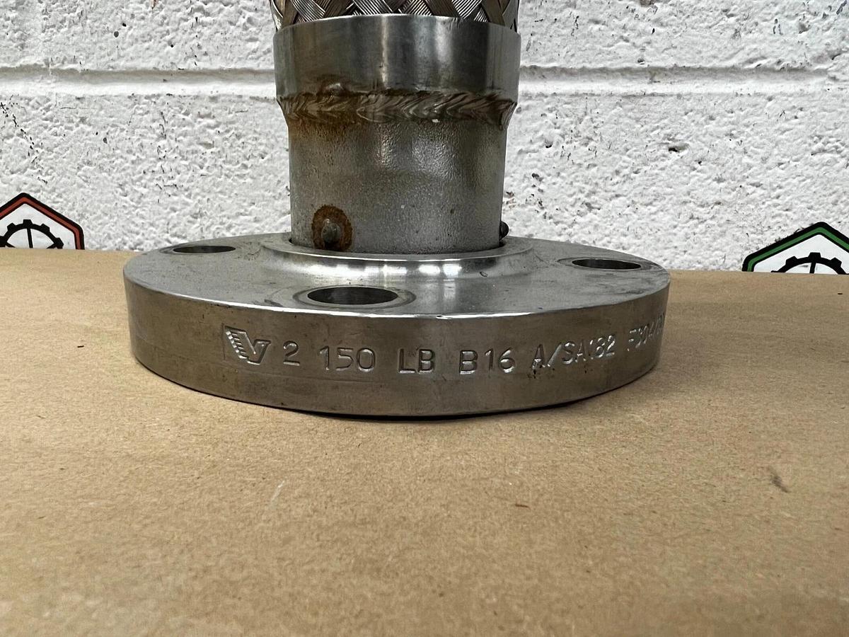 Used Viraj SA182 Stainless Steel Pipe Flange, 2.5” x 6” w/ 7” SS Braided Hose