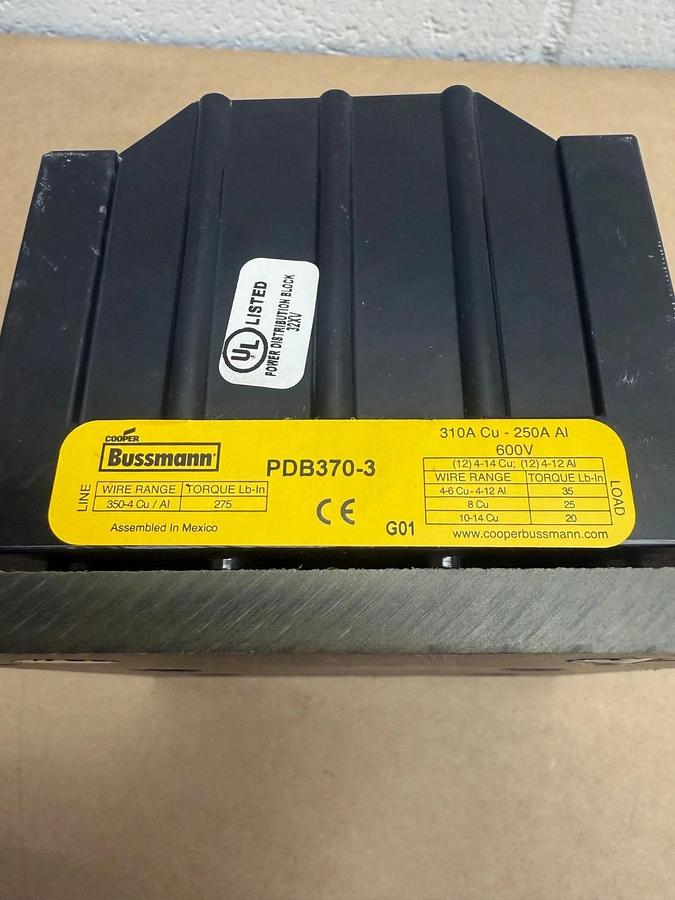 Cooper Bussmann PDB370-3 Power Distribution Block, 3-Pole, 600V *NEW*