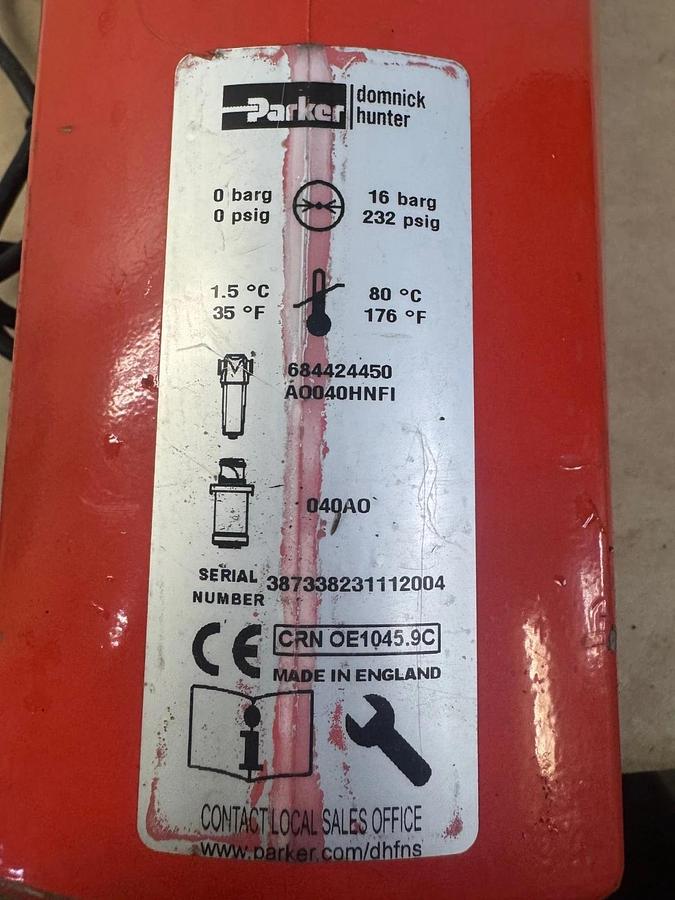 Used Parker/Domnick-Hunter CRN-0E1045.9C Pneumatic Filter Housing 16 Bar 232 PSIG