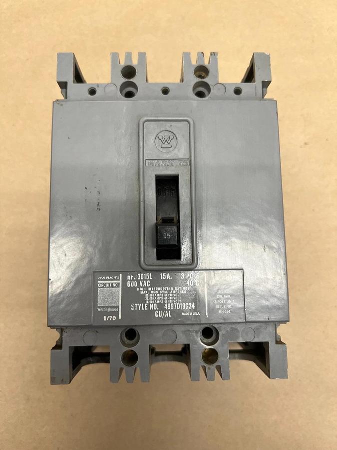 Used Westinghouse HFB3015L 15 Amp, 600 VAC, 3 Pole, Circuit Breaker