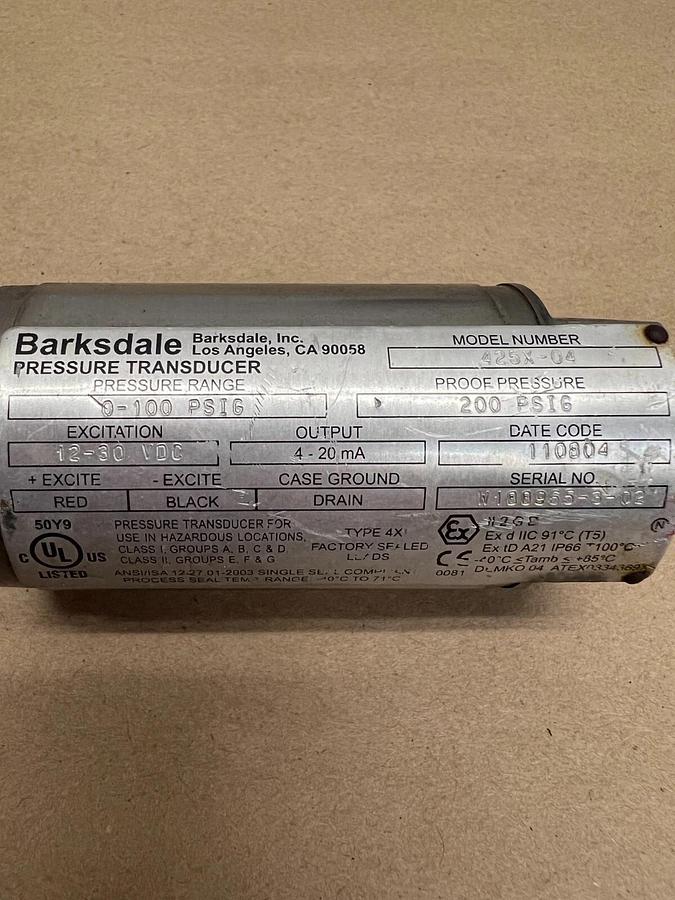 Used Barksdale 425X-04 0-100 PSIG Pressure Transducer