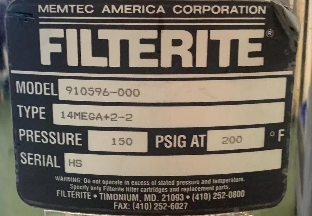 Used Filterite 910956-000 Cartridge Filter Housing