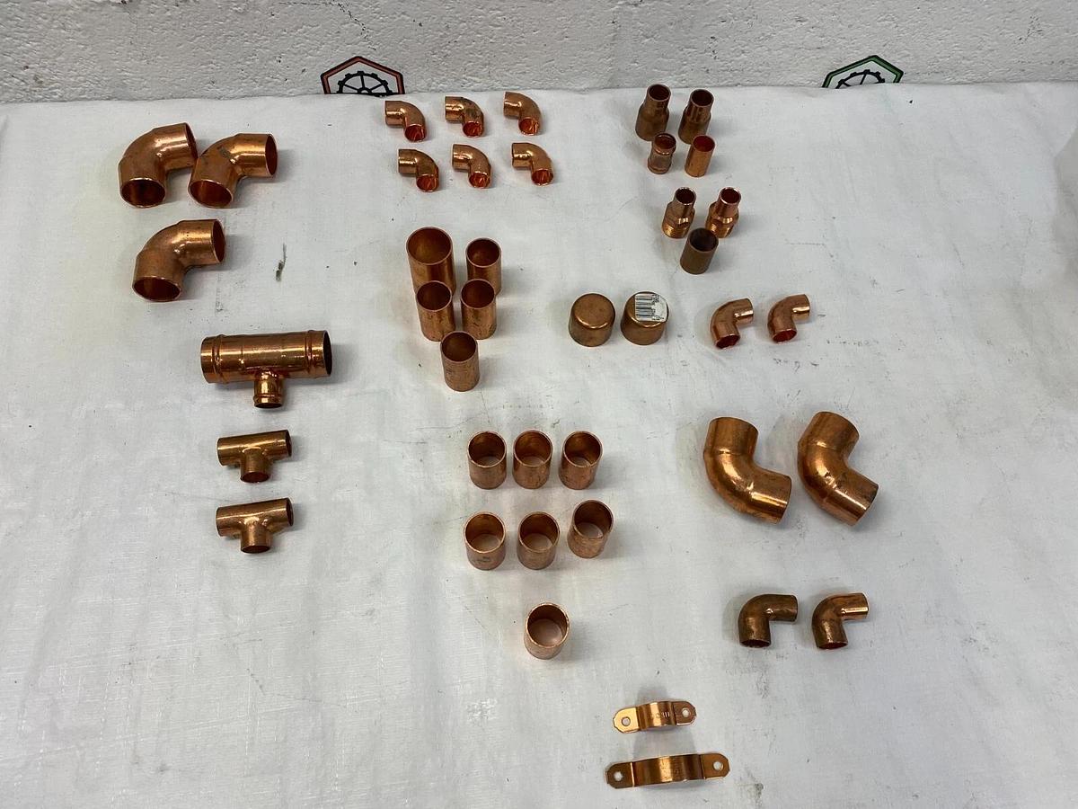 Used Nibco Lot of 41 Copper Fittings: Elbows Couplers T-Mount Piping Strap End Caps