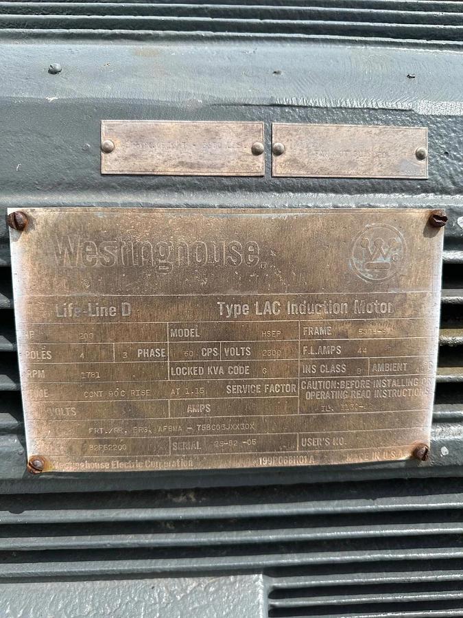 Used Westinghouse HSEP 200Hp Motor @ 1781RPM, 2300V, 3 Phase