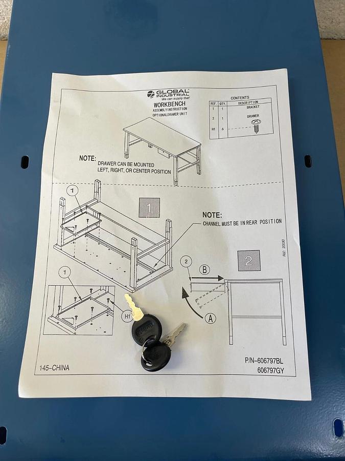 Used Global Industrial 606797BL Bench Drawer, W:10-3/4”, D:18”, Blue