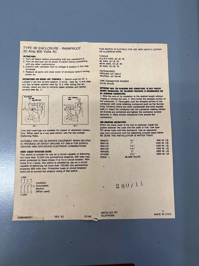 Used Westinghouse RHUN361 Safety Switch 3R Enclosure, Rainproof 30 Amp 600V