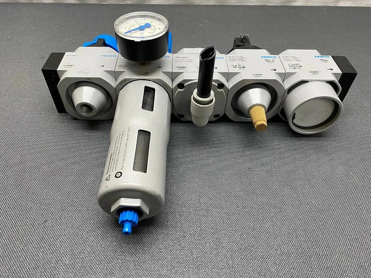 Used Festo LFR-D-7-MIDI Micro Filter w/ Regulator and 4 Additional Festo Attachments