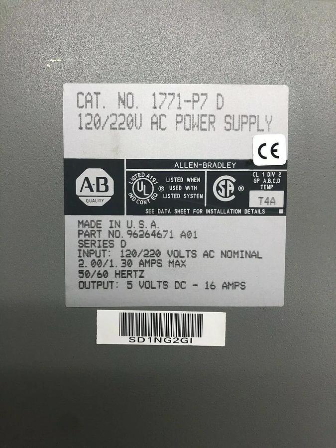 Used Allen Bradley 1771-A3B1 Ser A, 12 Slot Power Chasis, 1771-P7 Ser D Power Supply