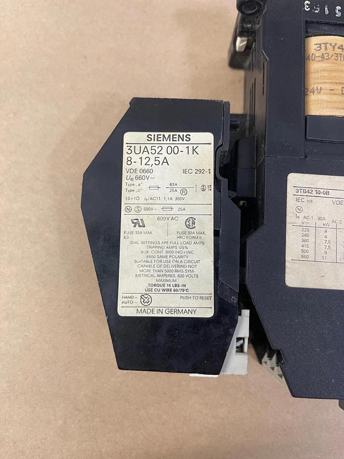 Used Siemens 3TB42 10-0B Contactor, 120 V Coil, 16A, w/ 3UA5200-1K Overload Relay
