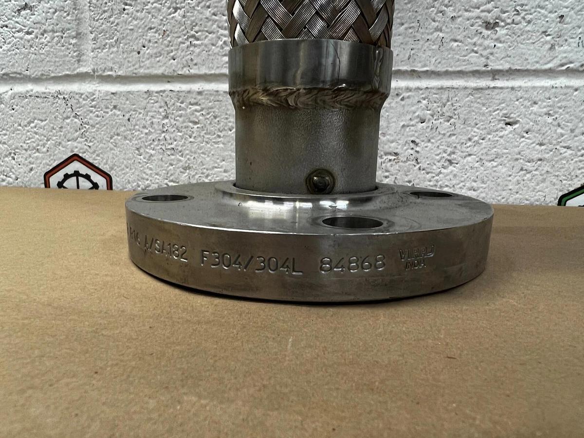 Used Viraj SA182 Stainless Steel Pipe Flange, 2.5” x 6” w/ 7” SS Braided Hose
