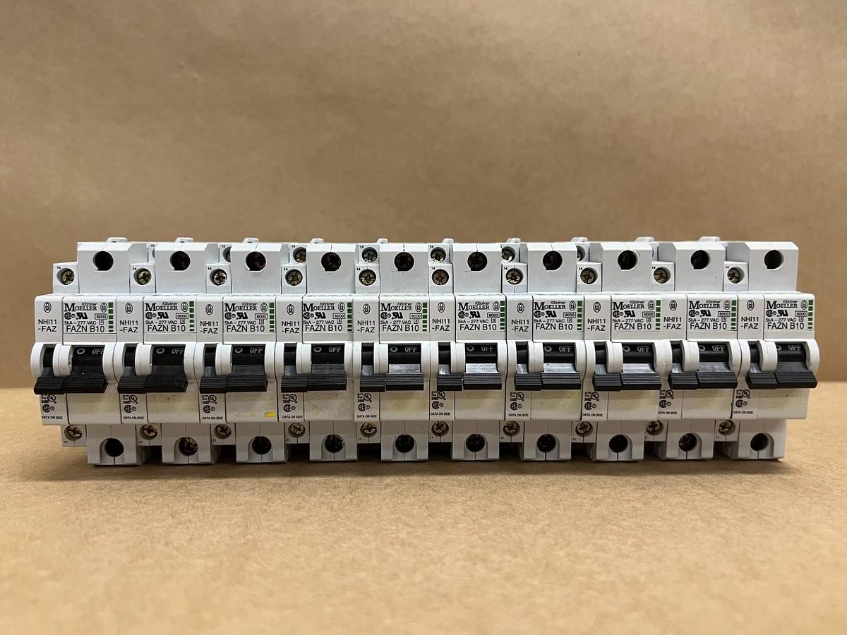 Used Moeller FAZN B10 10A, 1P Circuit Breaker w/NHI11-FAZ Aux. Contact - Lot of 10