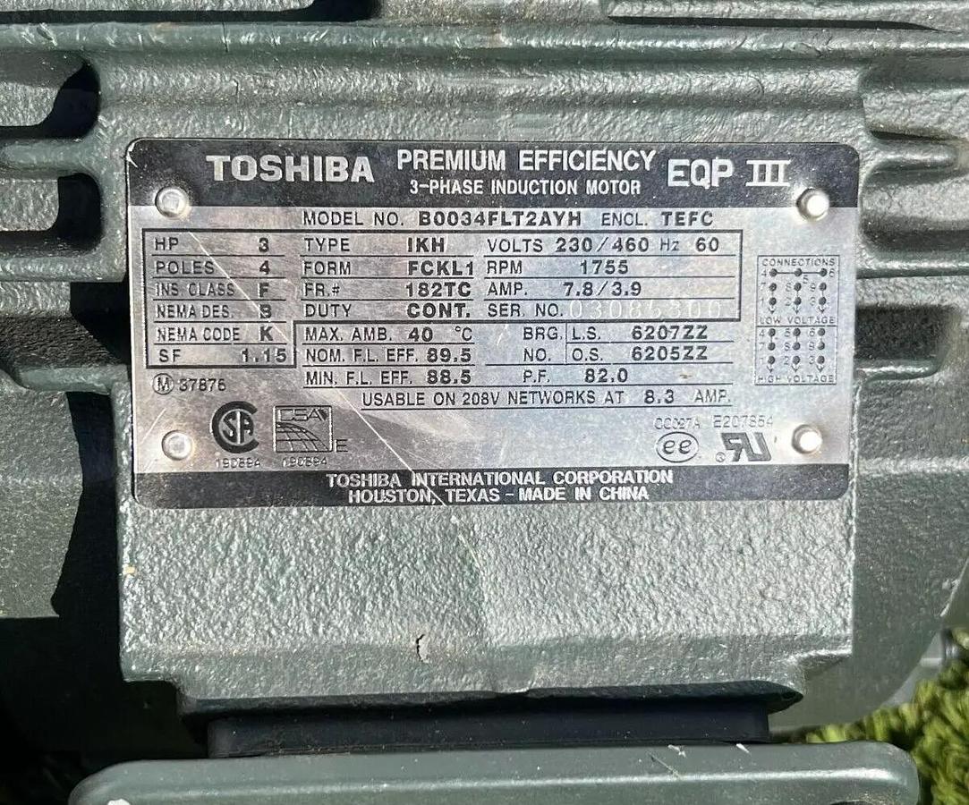Used Toshiba B0034FLT2AYH 3-Ph Induction Motor EQP III, 230/460V, 60Hz, 4 pole, 3HP