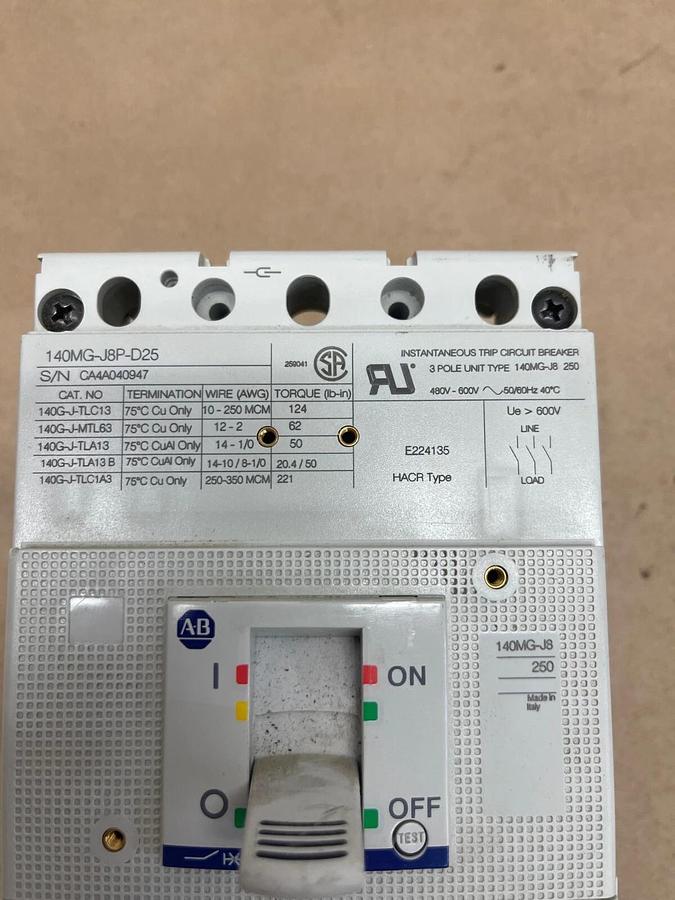 Used Allen-Bradley 140MG-J8P-D25 Instantaneous Trip Circuit Breaker 3 Pole 480V-600V