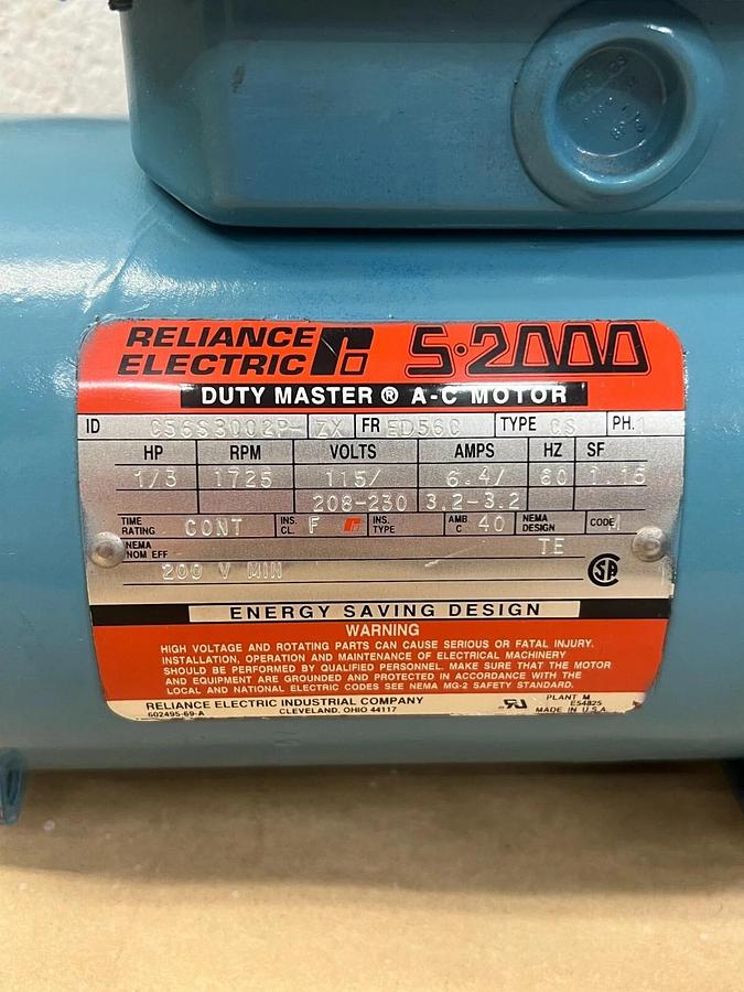 Used Reliance Electric C56S3002P S.2000 Duty Master A-C Motor, Type CS, 1PH