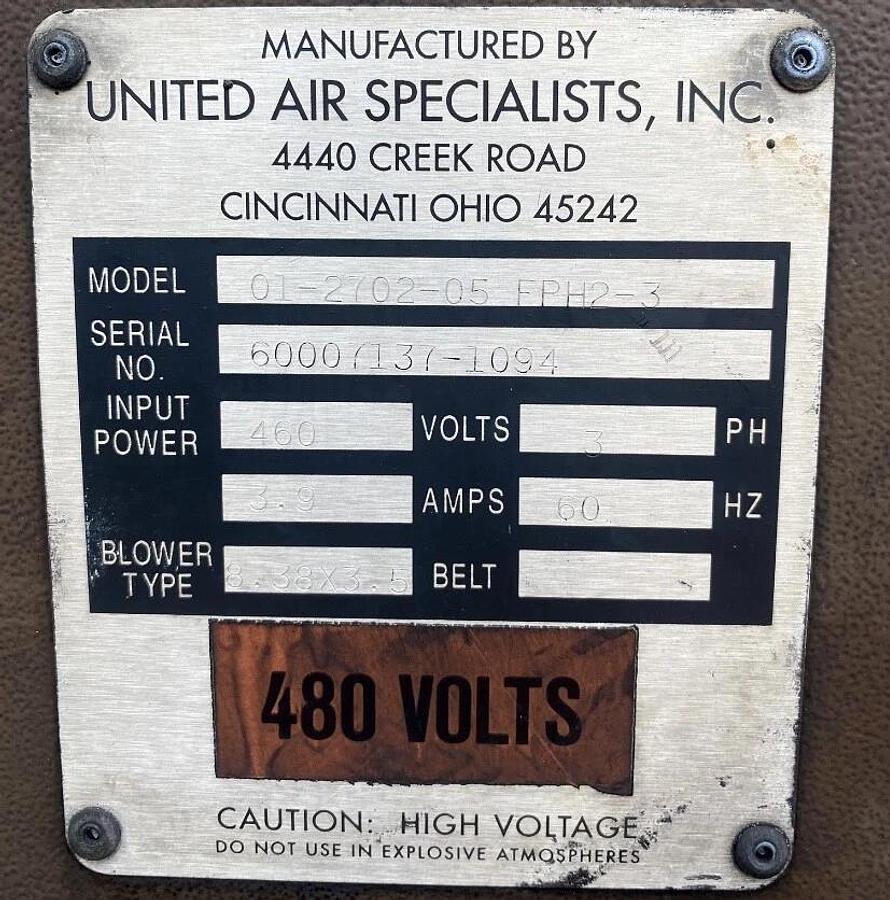 Used United Air Specialist FPH2-3 Dust Hog Dust Collector, Blower Type 8.38 x 3.5