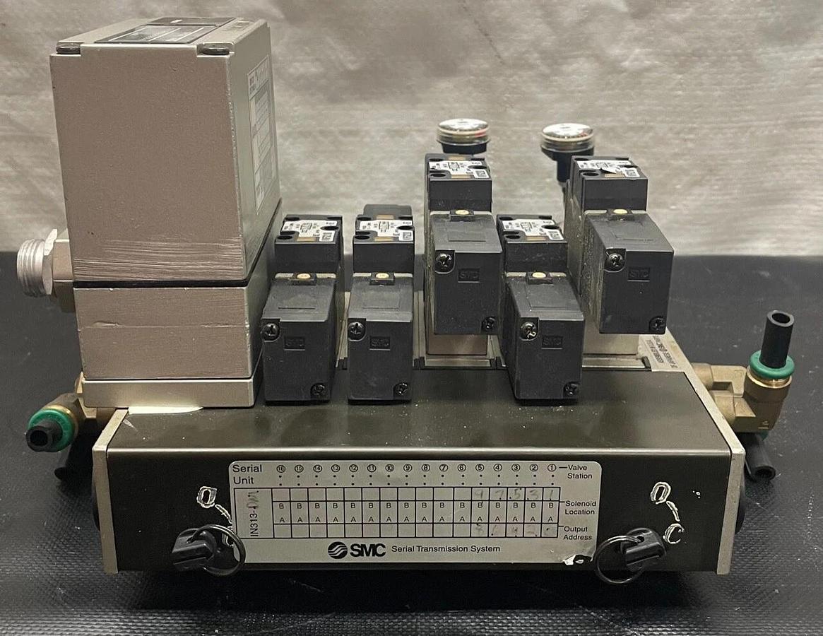 Used SMC IN313-DN1 Serial Interface Unit w/ 5 Solenoid Valves