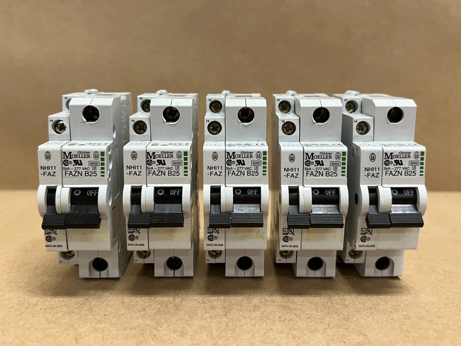 Used Moeller FAZN B25 5kA-277 VAC, 25A Circuit Breaker - Lot of 5
