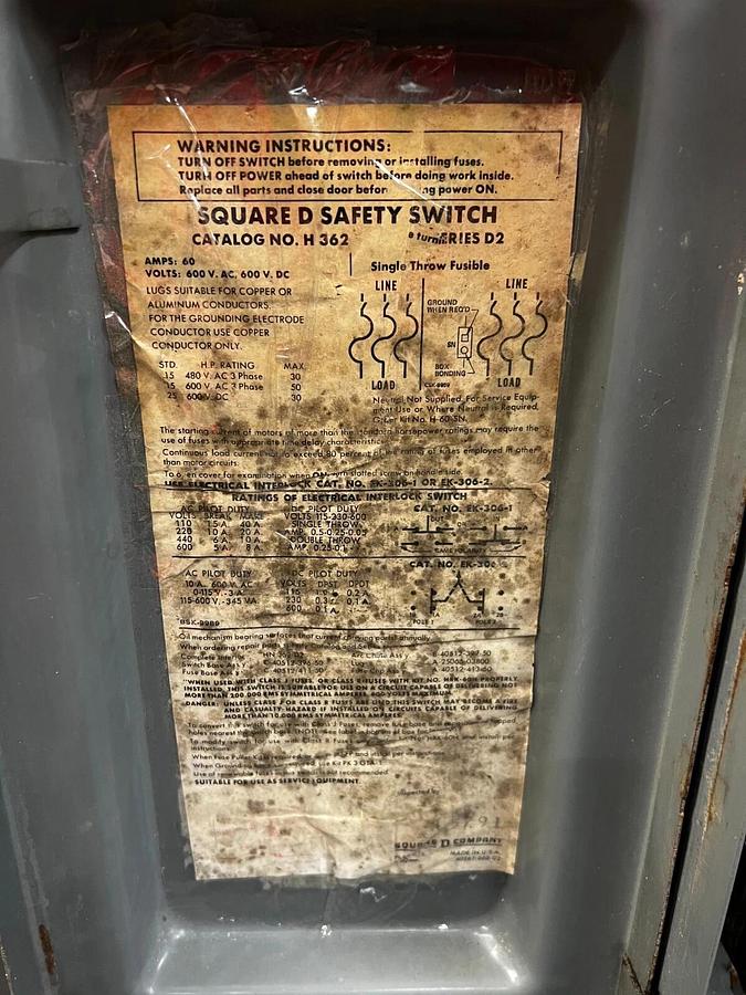Used Square D H362 Series D2 Safety Switch 60 Amp 480-600 VAC 3PH 15 HP Max HP 30-50