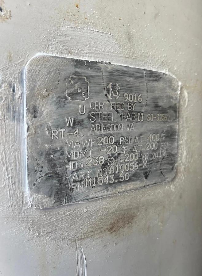 Used Steel Fab Carbon Steel 400 Gallon Pressure Vessel, MAWP: 200 PSI @ 400°F