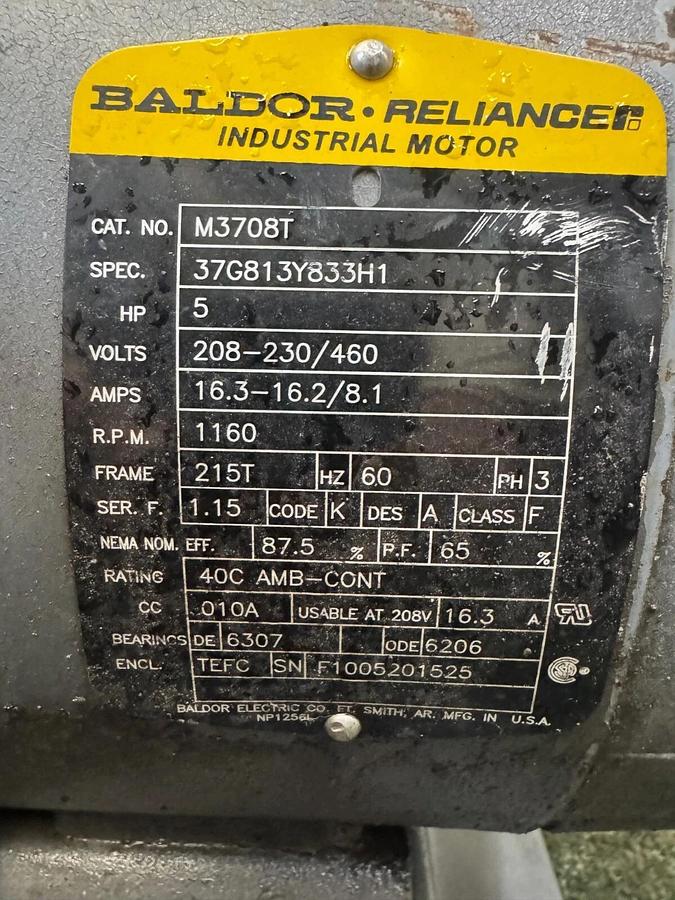Used Baldor Reliance M3708 Industrial Motor, 5 Hp @ 1160 RPM, 37G813Y833H1