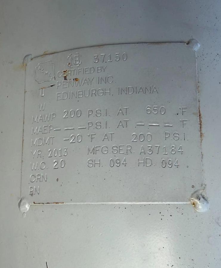 Used Manchester Tank 37.150 Gallon, 200 PSI Compressed-Air Receiver/ Pressure Vessel
