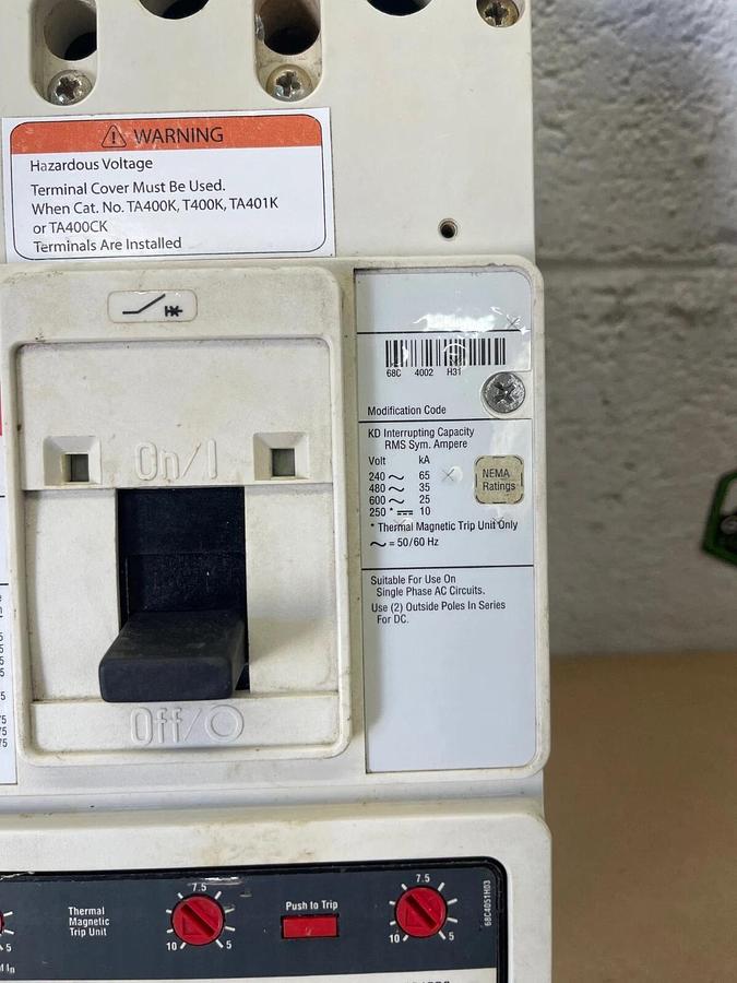 Used Eaton KD3400F Industrial Circuit Breaker, 3-Pole, 400A Max, 600V