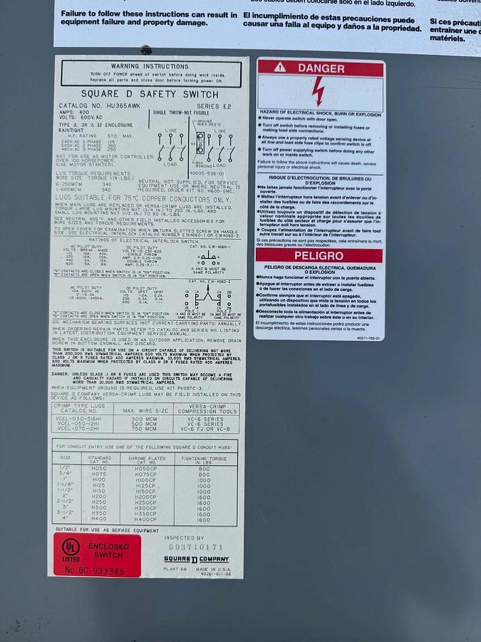 Used Square D HU365AWK 400A Safety Switch, 600VAC, Series E2