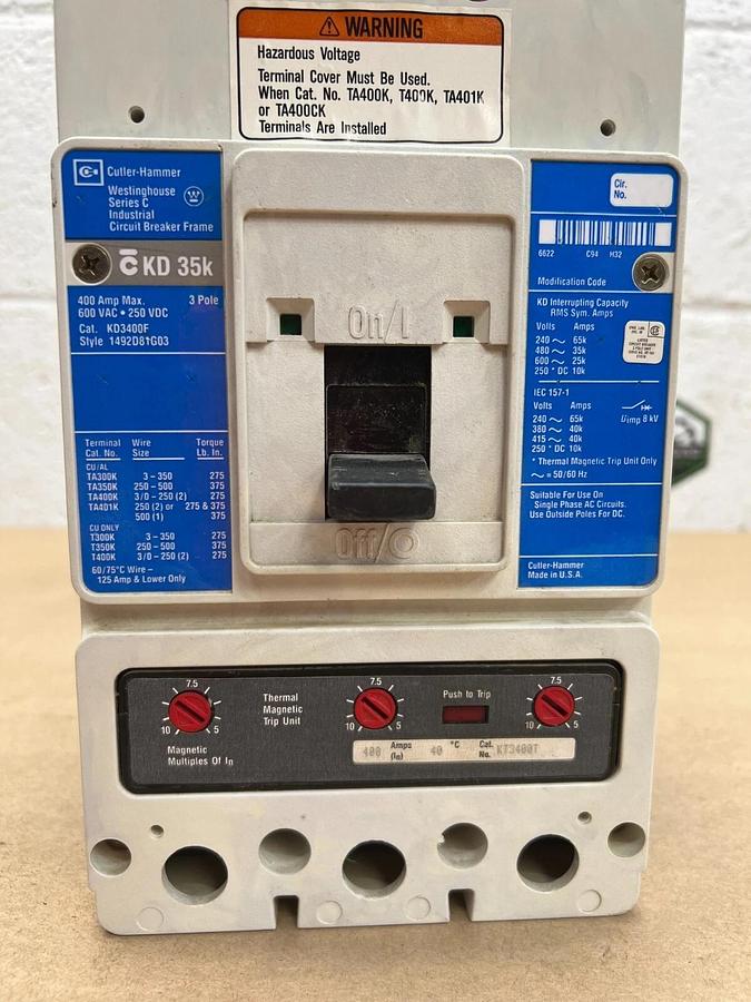 Used Cutler Hammer KD3400F Industrial Circuit Breaker, 3 Pole, 400A, 600VAC/250VDC