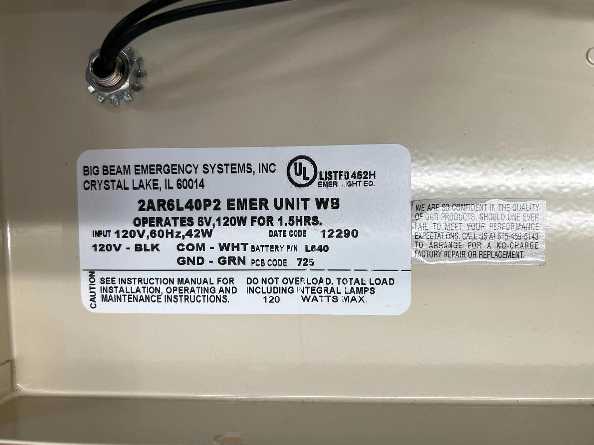 Big Beam Emergency Systems 2AR6L40P2 Emergency Light Unit 6V, 120W for 1.5 hrs