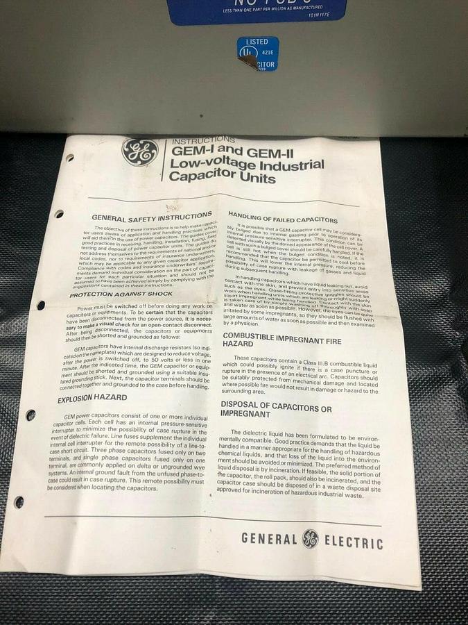 Used General Electric 65L333TC Dielektrol Capacitor, Internal Discharge Resistors