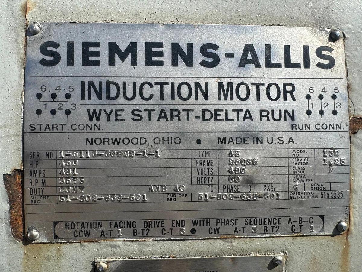 Used Siemens-Allis 132/1-5113-30822-1-1 Induction Motor, 450Hp, 481A, @ 3575RPM 480V