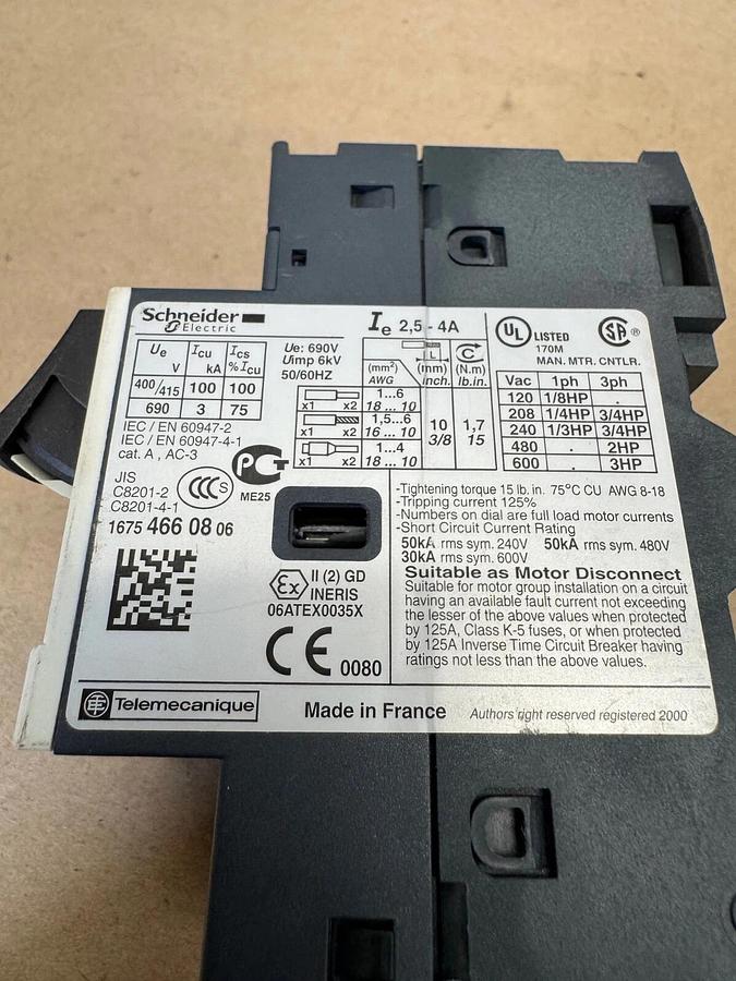 Used Schneider Electric GV2ME08 Manual Starter Motor Protector Circuit Breaker 2.5-4A