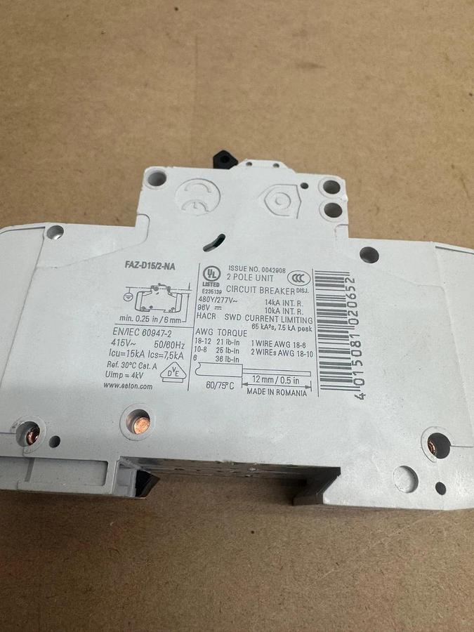 Used Eaton FAZ-D15/2-NA 2 Pole 15A Circuit Breaker *NEW*