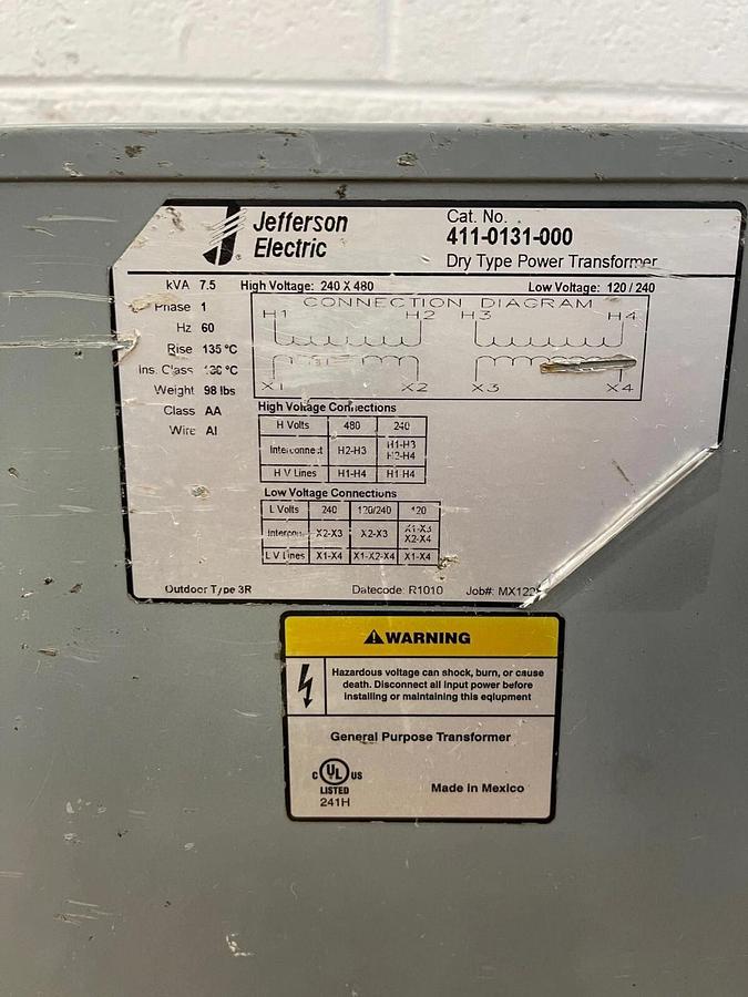 Used Jefferson Electric 411-0131-000 Dry Type Power Transformer 7.5KVA 1 Phase 60Hz